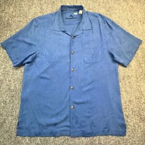 Tommy Bahama Silk Button Down Shirt Mens L Blue Tropical Jacquard Excellent